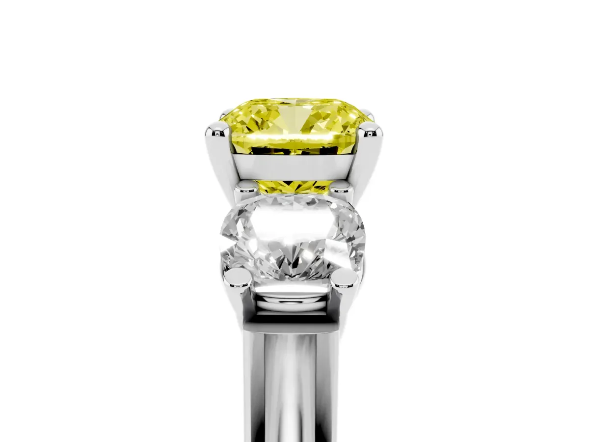 Fancy Yellow Three-Stone Cushion Cut Brilliant Diamond Trellis Ring with Comfort Fit Band White gold