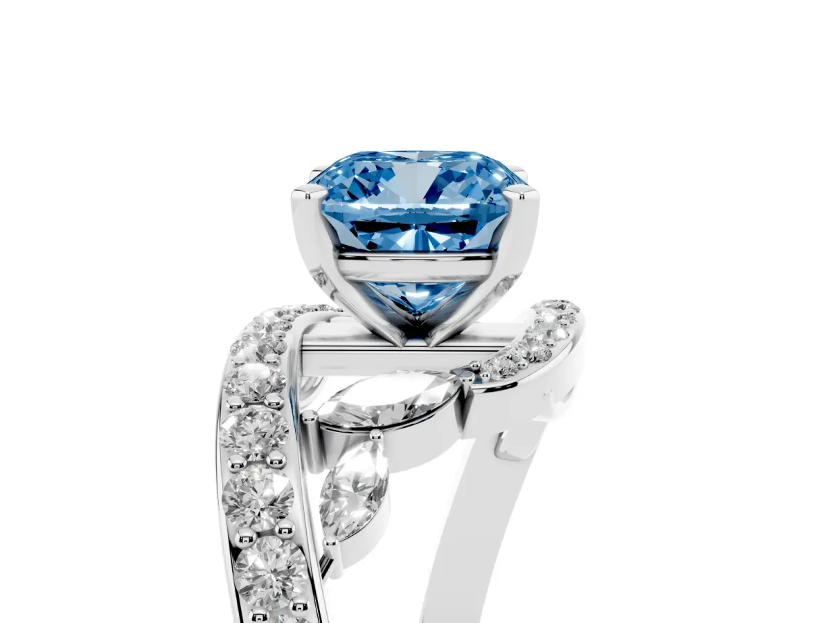 Fancy Blue Cushion Cut Diamond Solitaire Ring with Filigree Band and Four-Prong Setting Silver