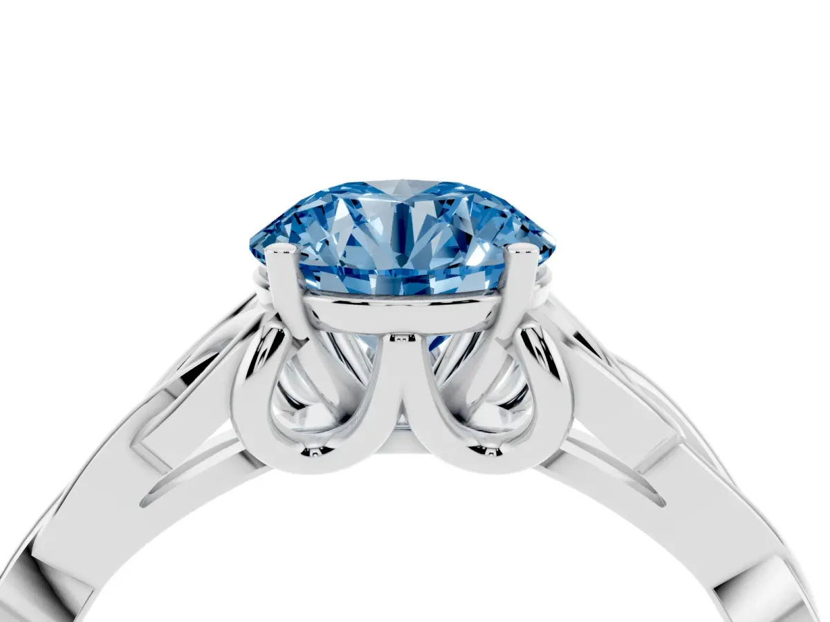 Fancy Blue Round Cut Diamond Solitaire Engagement Ring with Celtic Knot Band and Four-Prong Setting Silver