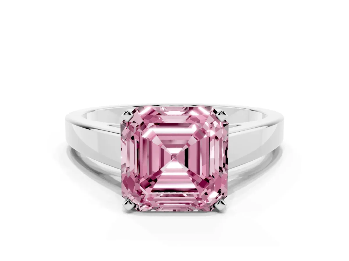 Fancy Pink Asscher Cut Solitaire Engagement Ring with Four-Prong Setting and Tapered Band White gold