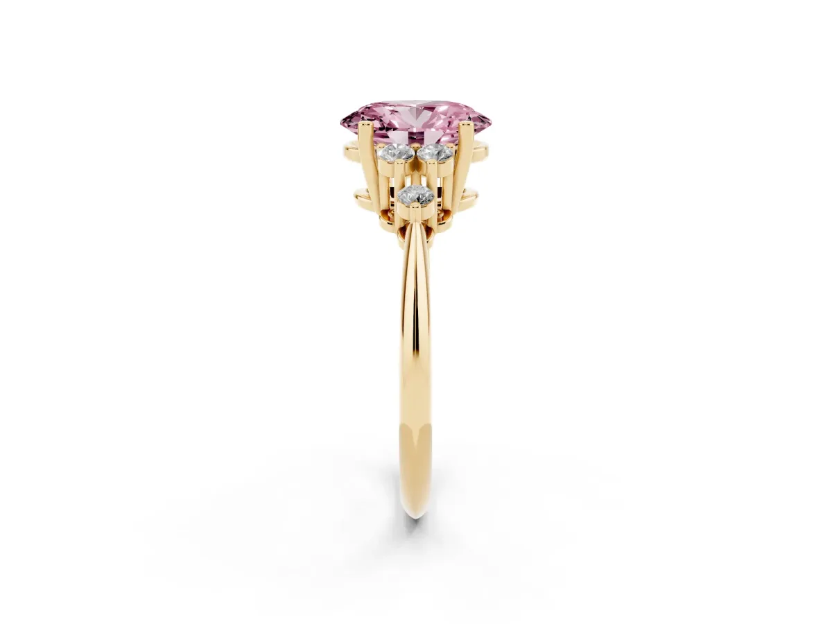 Fancy Pink Oval Cut Cut Diamond Cluster Ring with Solitaire Band and Four-Prong Setting Yellow gold