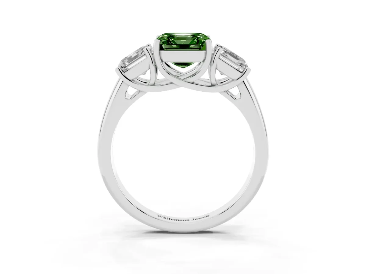 Fancy Green Three-Stone Asscher Cut Diamond Engagement Ring with Prong Setting Silver