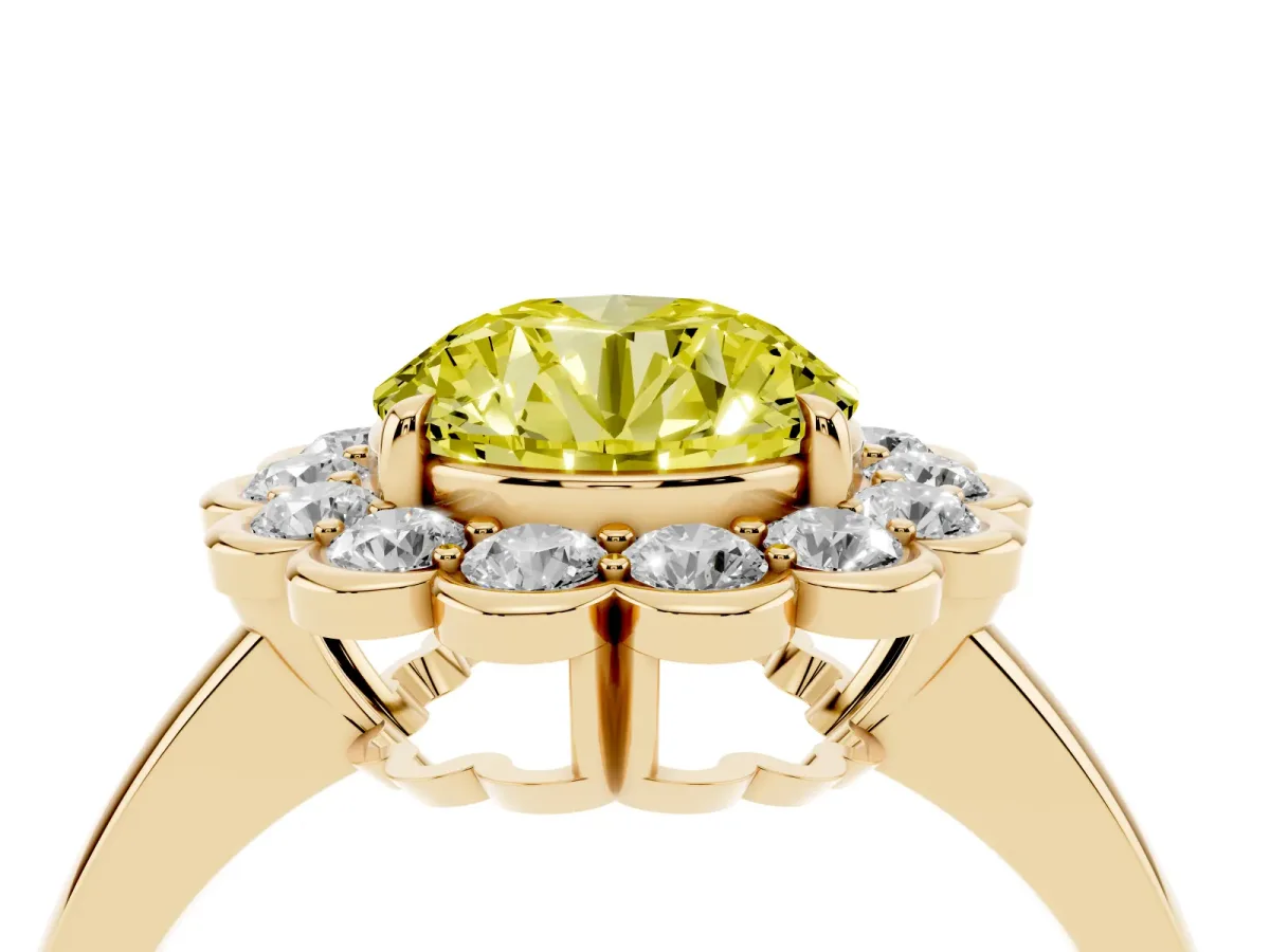 Fancy Yellow Round Cut Halo Cluster Diamond Engagement Ring with Solitaire Band and Prong Setting Yellow gold