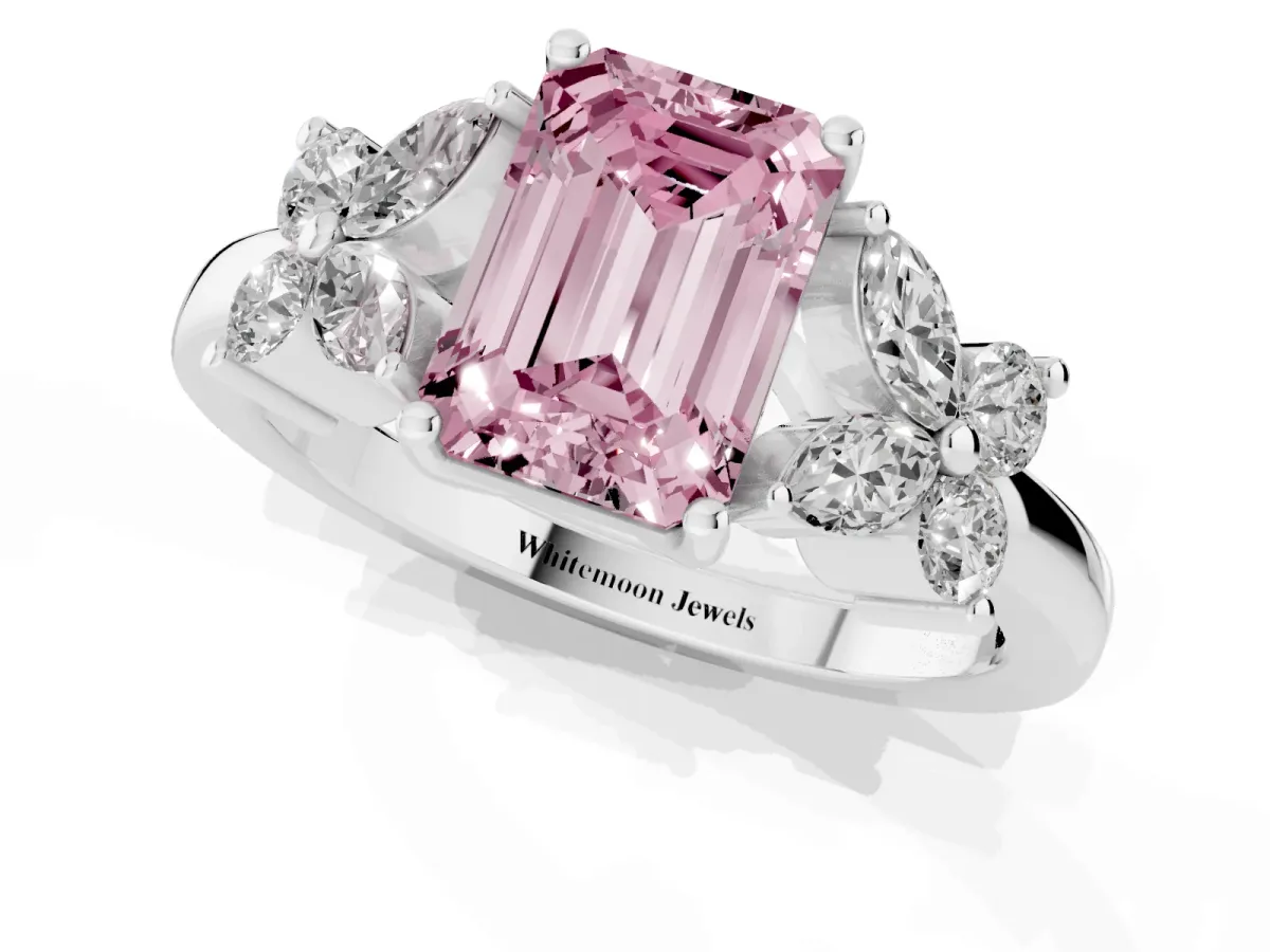 Fancy Pink Emerald Cut Diamond Floral Cluster Ring with Solitaire Band and Prong Setting Silver
