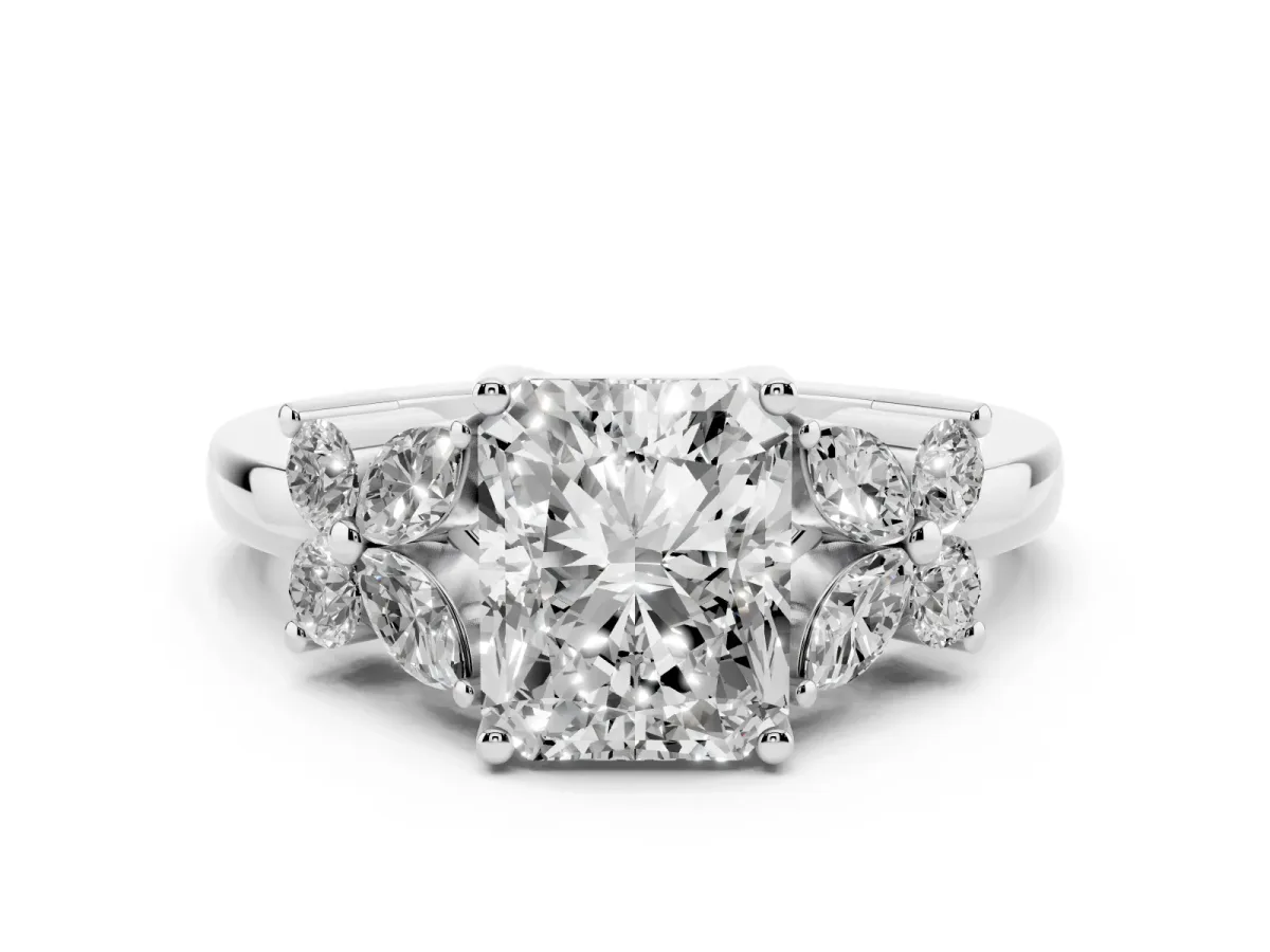 Radiant Cut Diamond Floral Cluster Ring with Solitaire Band and Prong Setting Silver