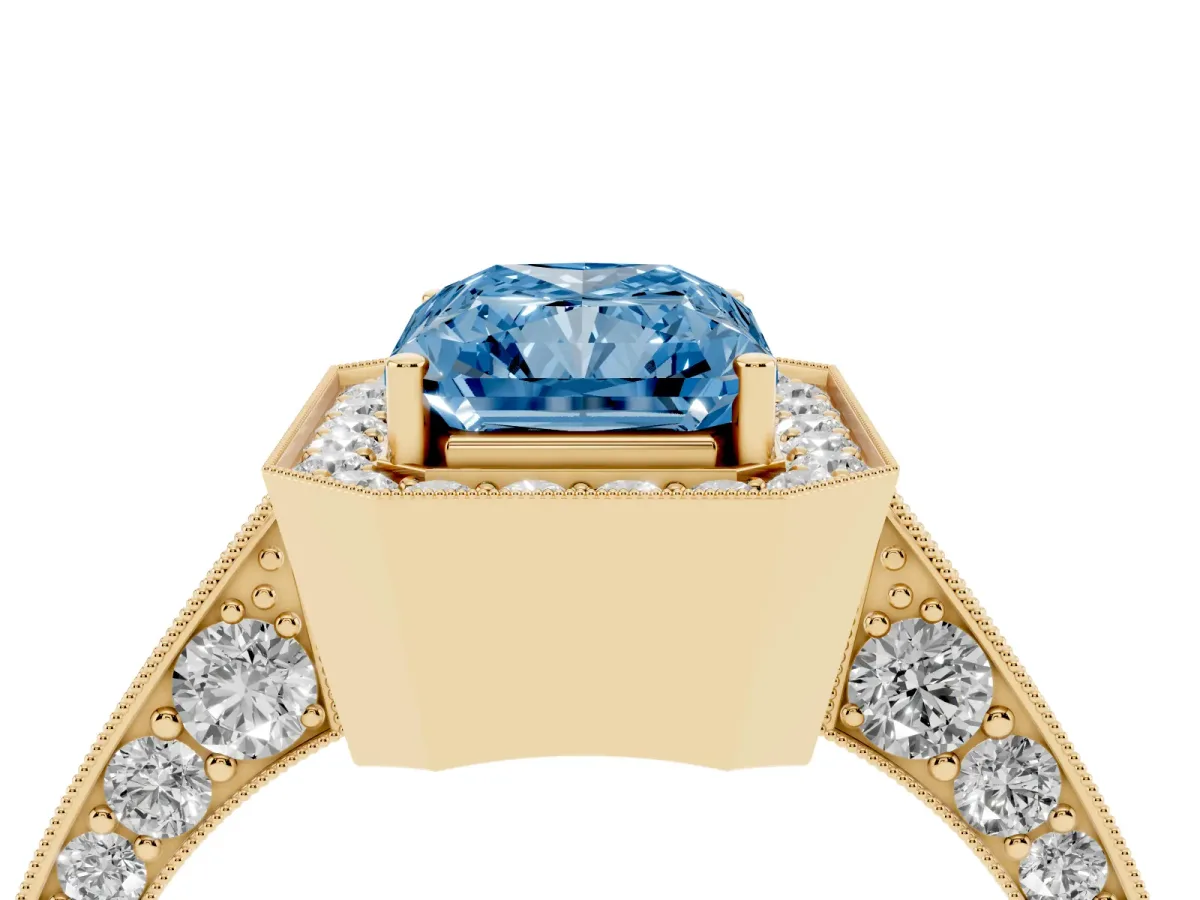 Fancy Blue Radiant Cut Halo Diamond Engagement Ring with Split Shank Band and Four-Prong Setting Yellow gold