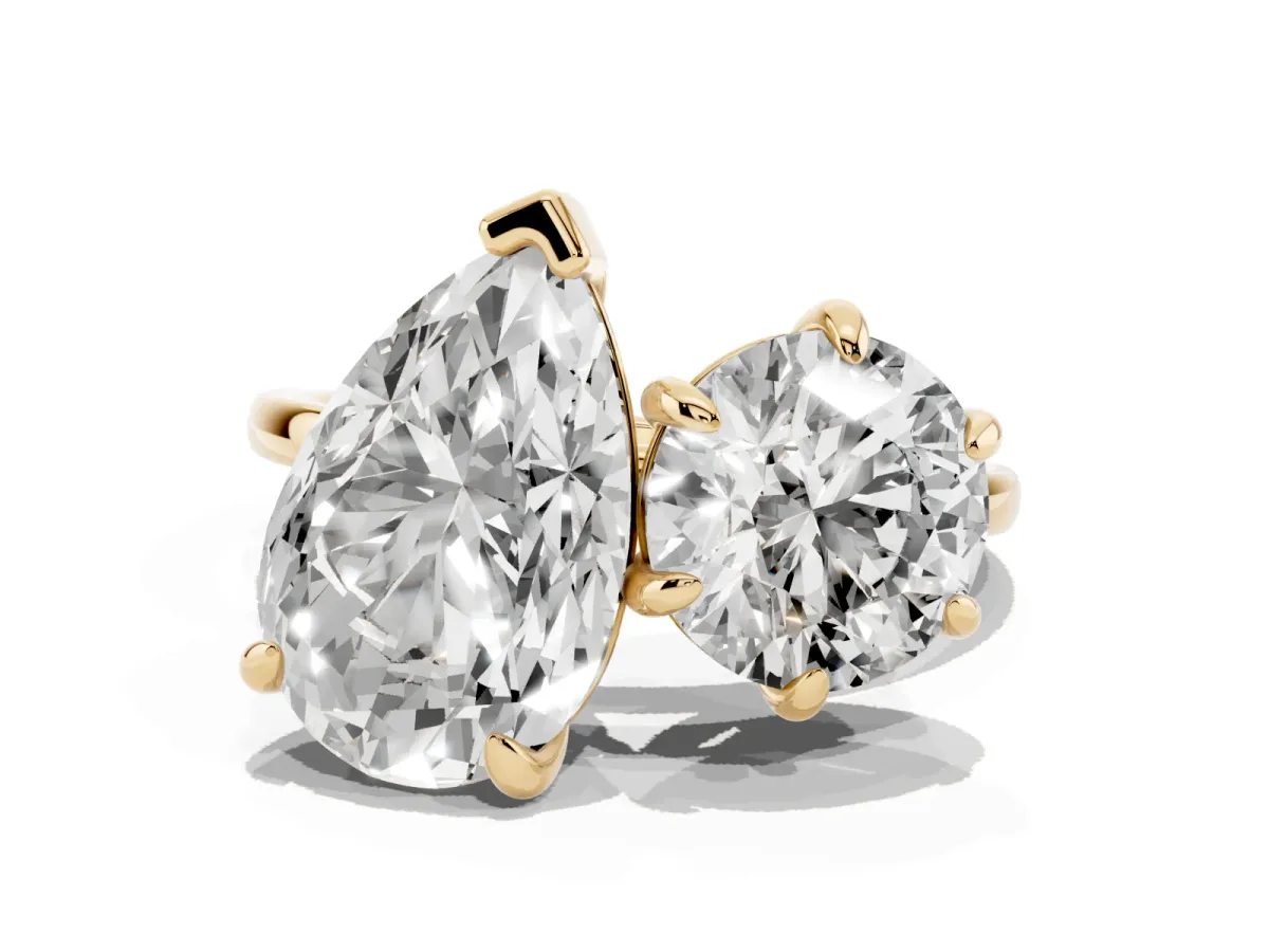 Round and Pear Toi Moi Ring with Prong Setting and Plain Band Yellow gold