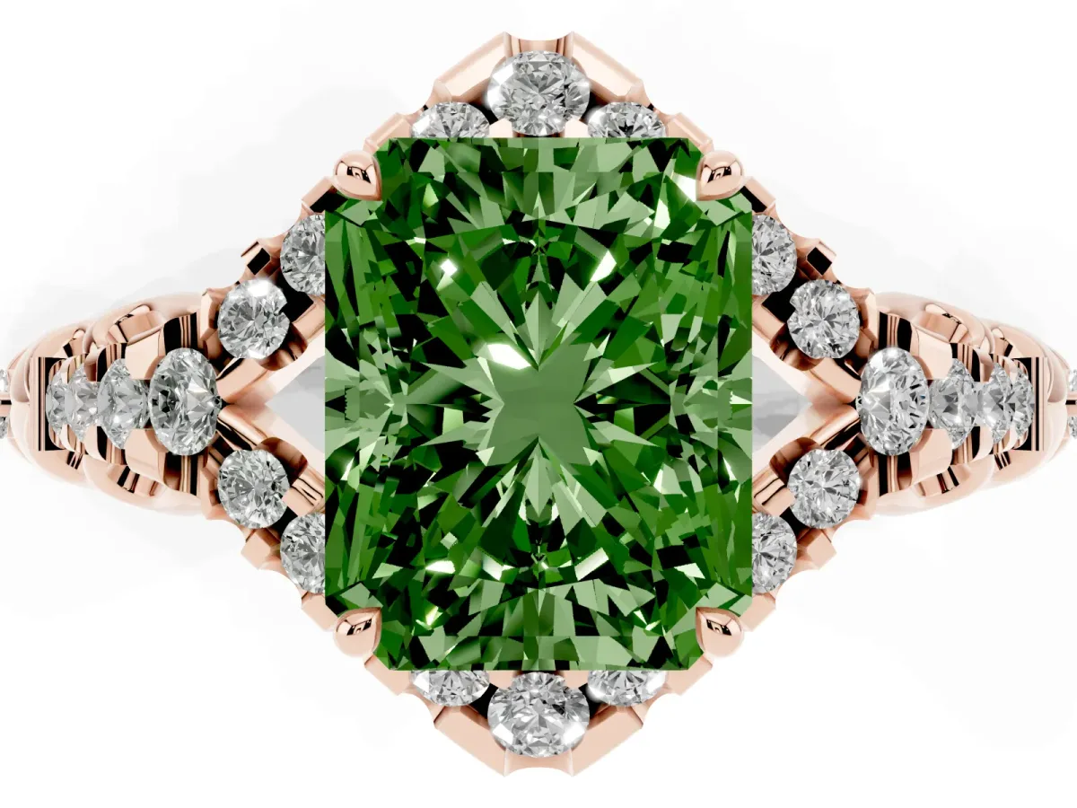 Fancy Green Radiant Cut Diamond Solitaire Ring with Hidden Halo and Pavé Band Rose gold