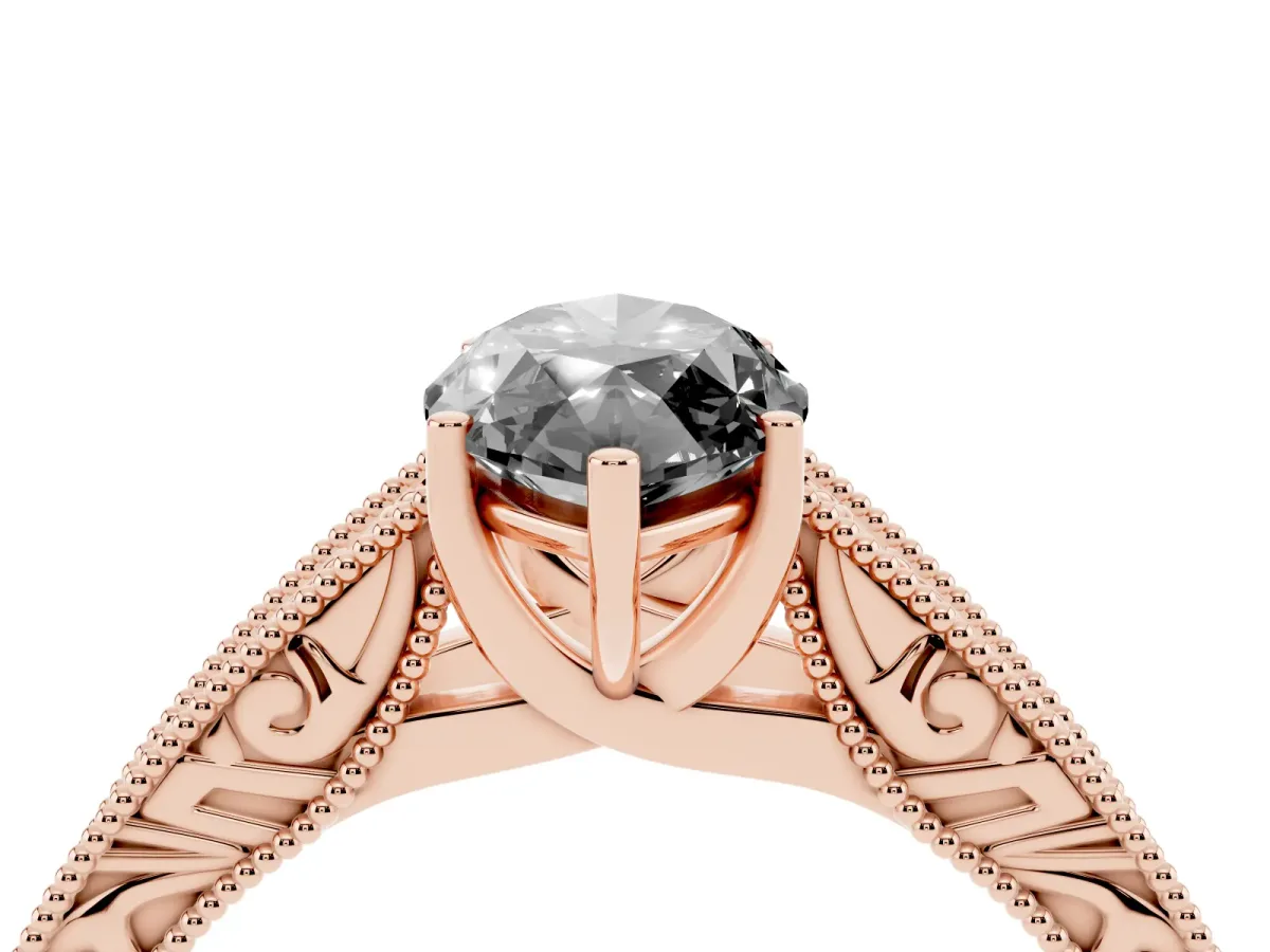 Fancy Black Marquise Cut Diamond Solitaire Ring with Engraved Band and Four-Prong Setting Rose gold