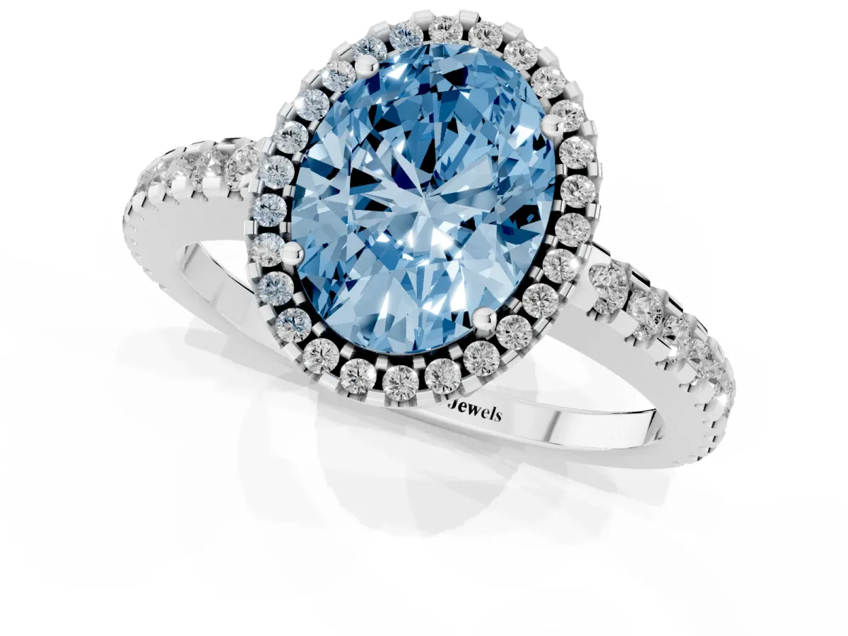 Fancy Blue Oval Cut Diamond Halo Engagement Ring with Pavé Band and Prong Setting Platinum
