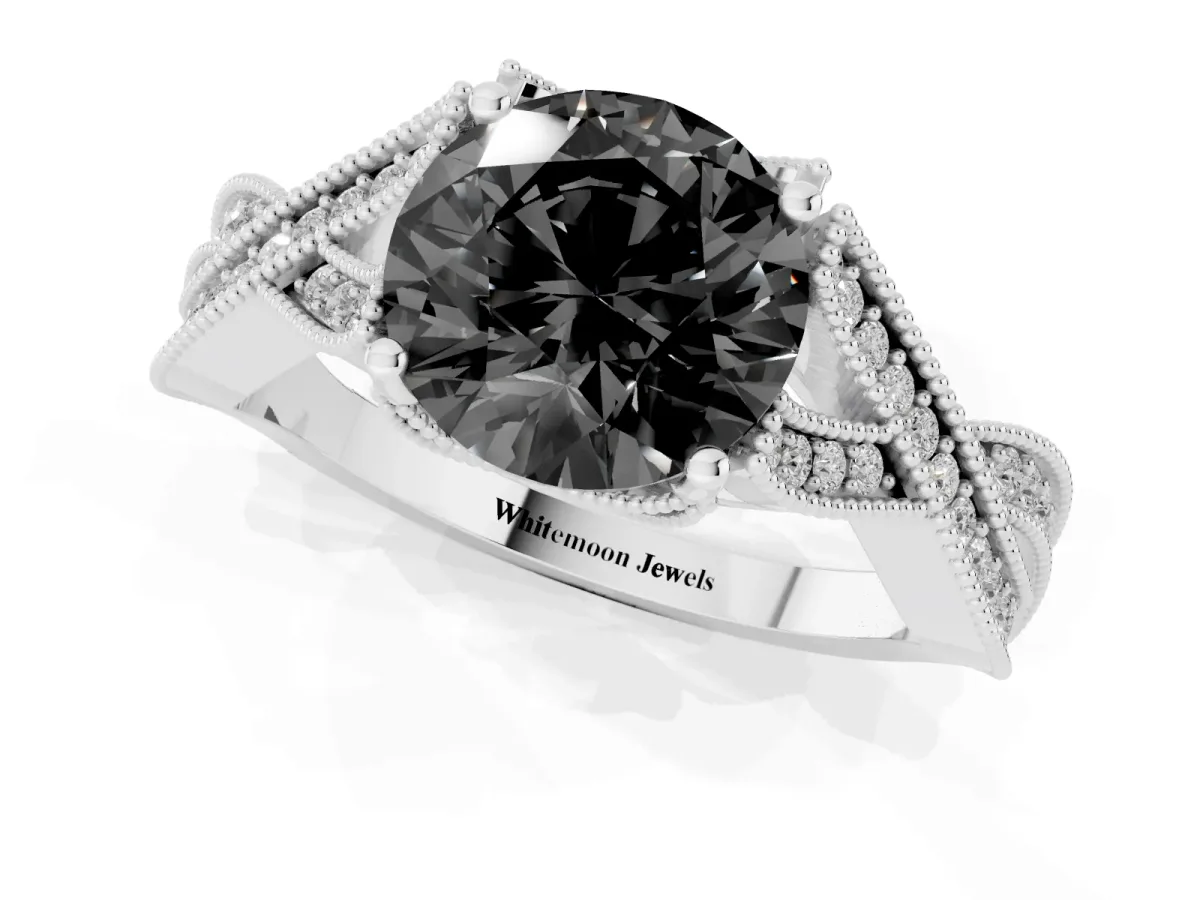 Fancy Black Round Cut Cut Diamond Twisted Band with Milgrain Pave Setting and Four-Prong Setting Silver
