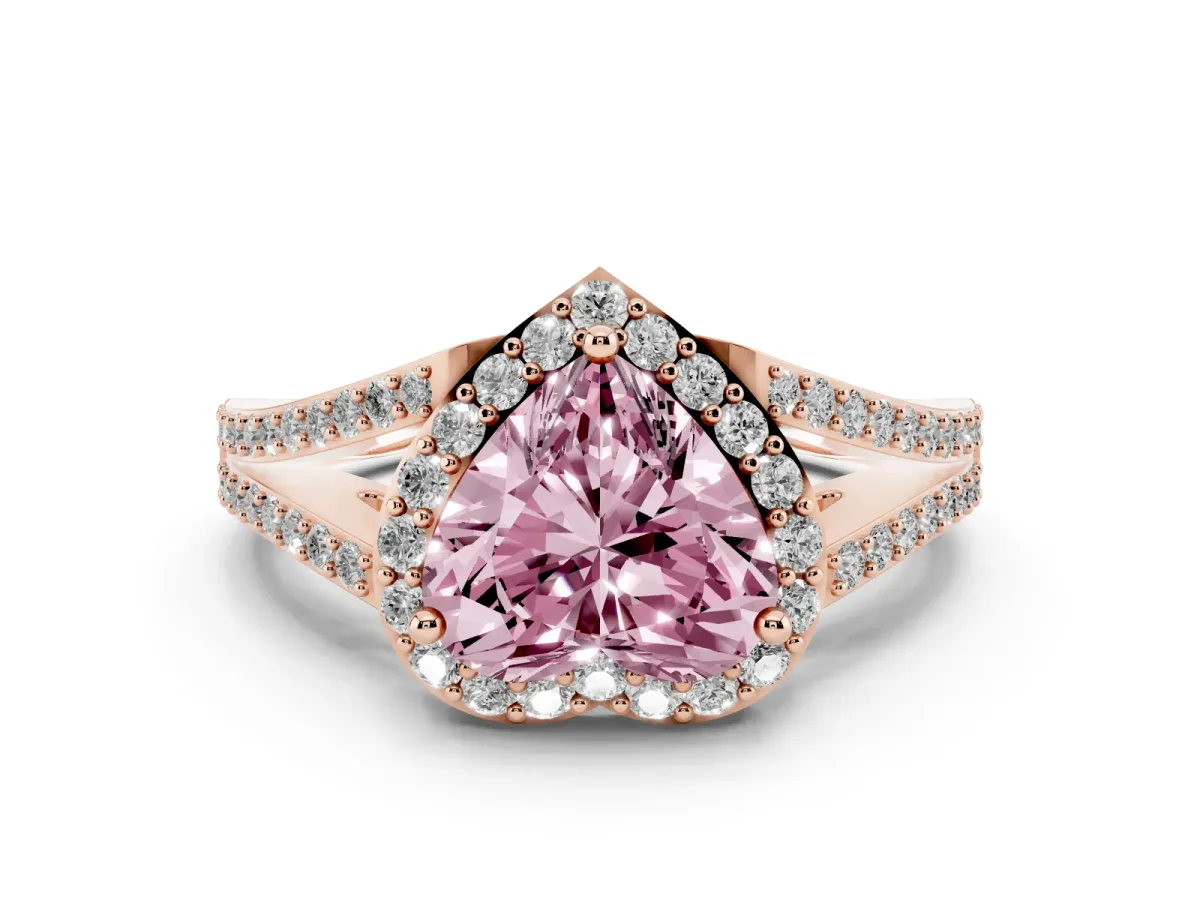Fancy Pink Heart Cut Halo Split Shank Pave Diamond Ring with Four-Prong Setting Rose gold