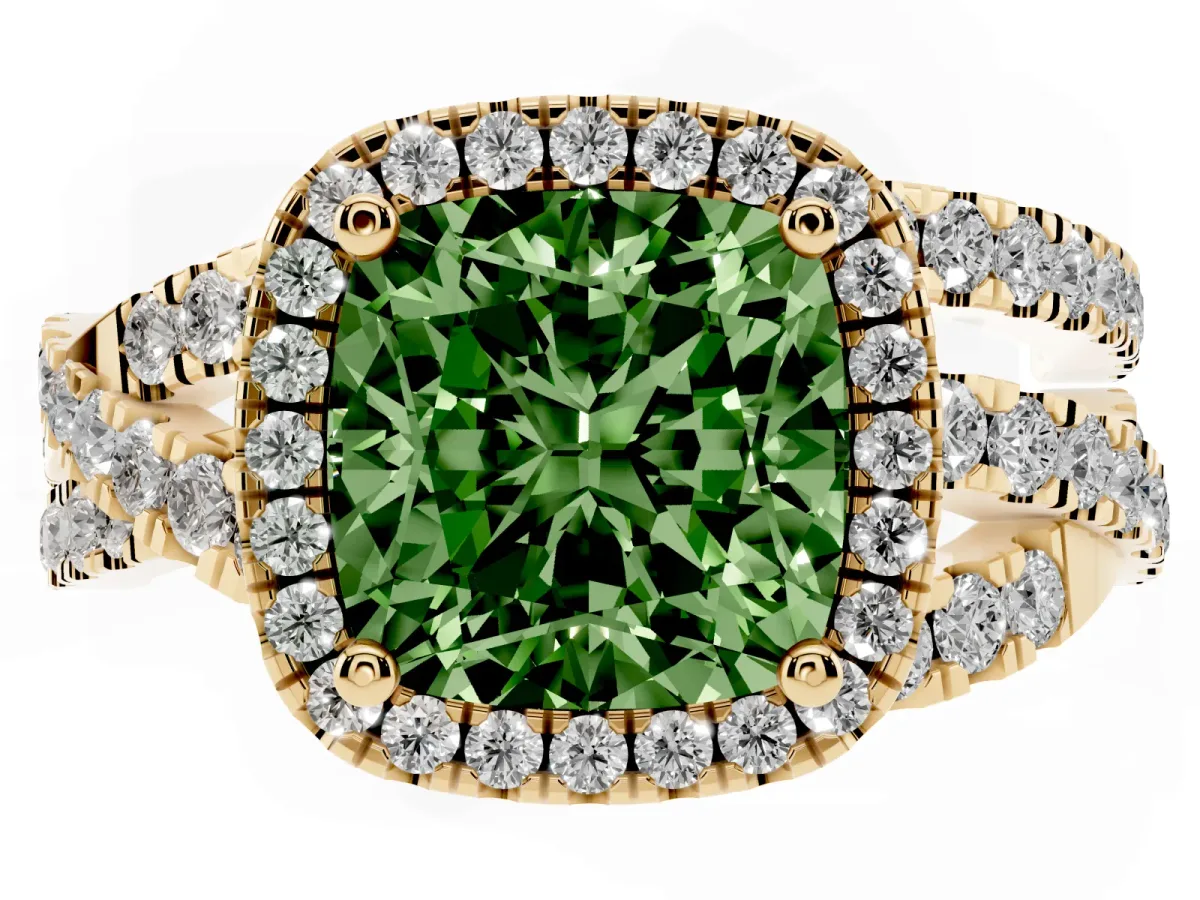 Fancy Green Cushion Cut Diamond Halo Ring with Round Split Shank and Prong Setting Yellow gold