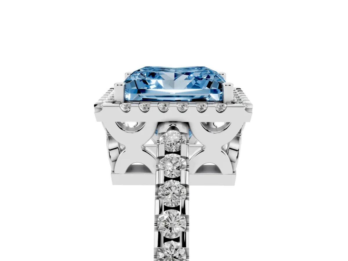 Fancy Blue Princess Cut Diamond Halo Engagement Ring with Pavé Band and Prong Setting Silver