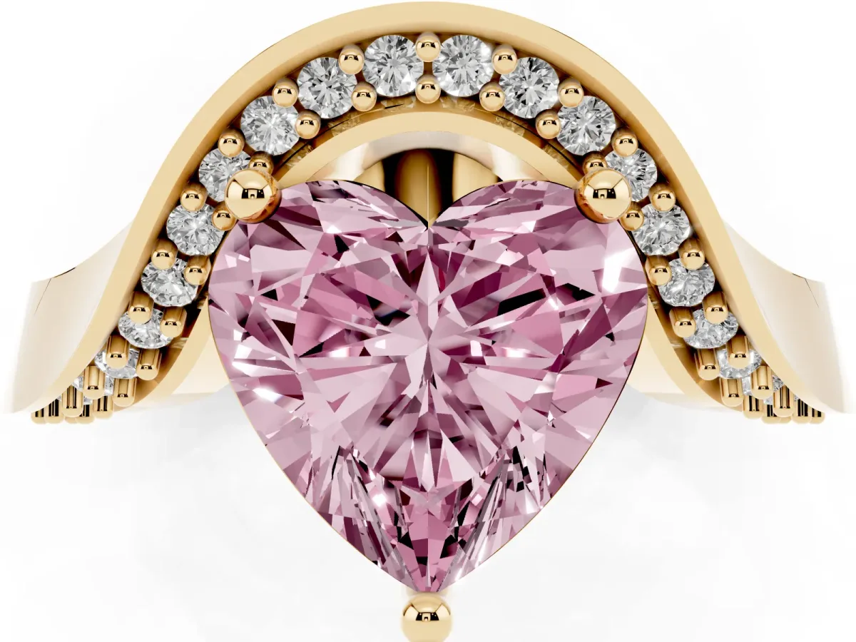 Fancy Pink Heart Cut Solitaire Diamond Engagement Ring with Pave Band and Four-Prong Setting Yellow gold