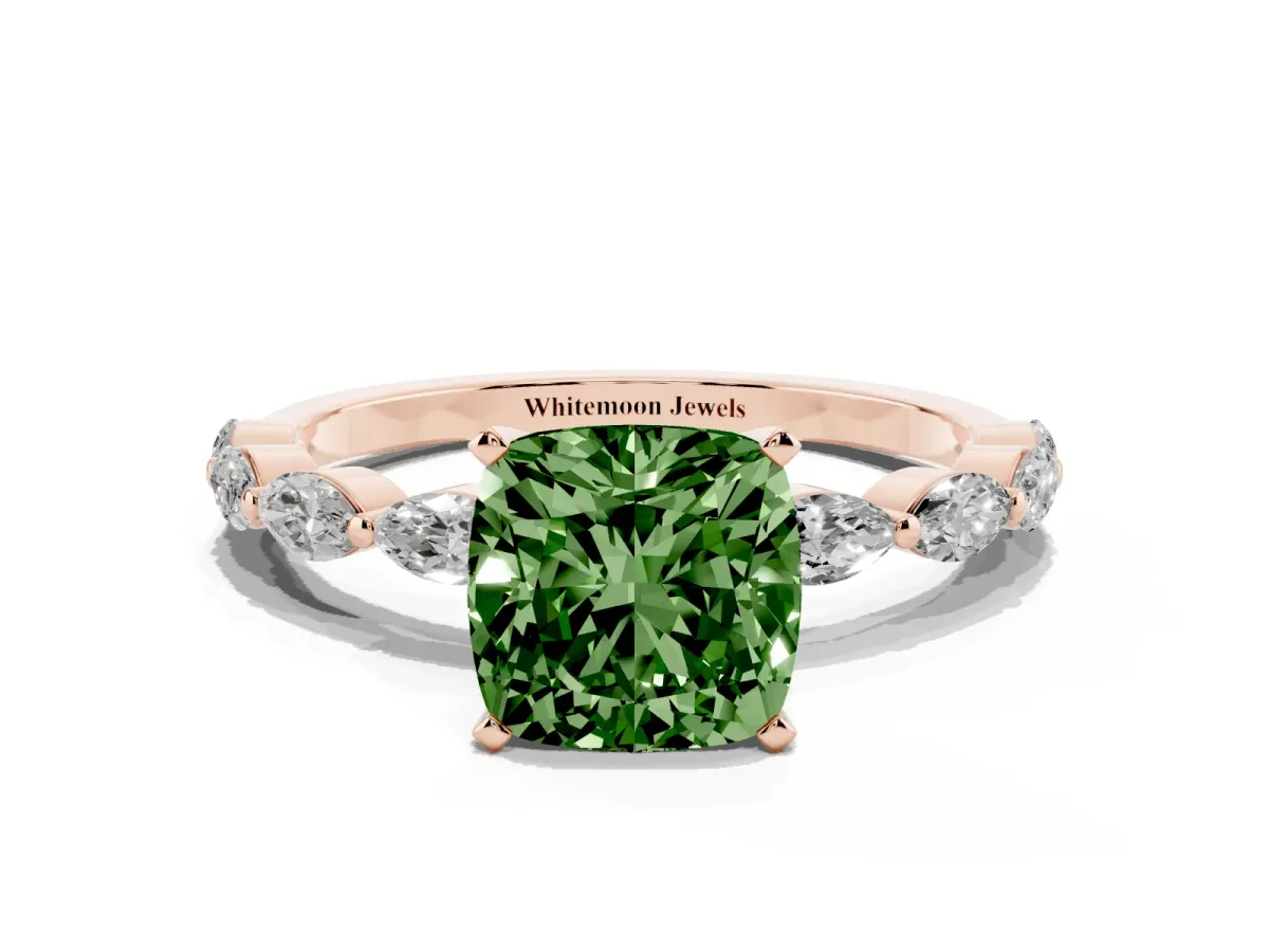 Fancy Green Cushion Cut Diamond Ring with Marquise Side Stones and Prong Setting Rose gold