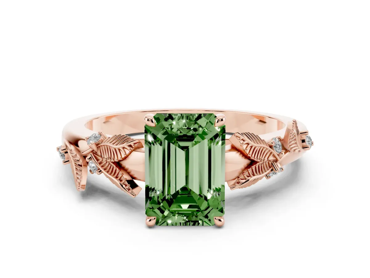 Fancy Green Emerald Cut Diamond Solitaire Ring with Leaf Motif Band and Four-Prong Setting Rose gold