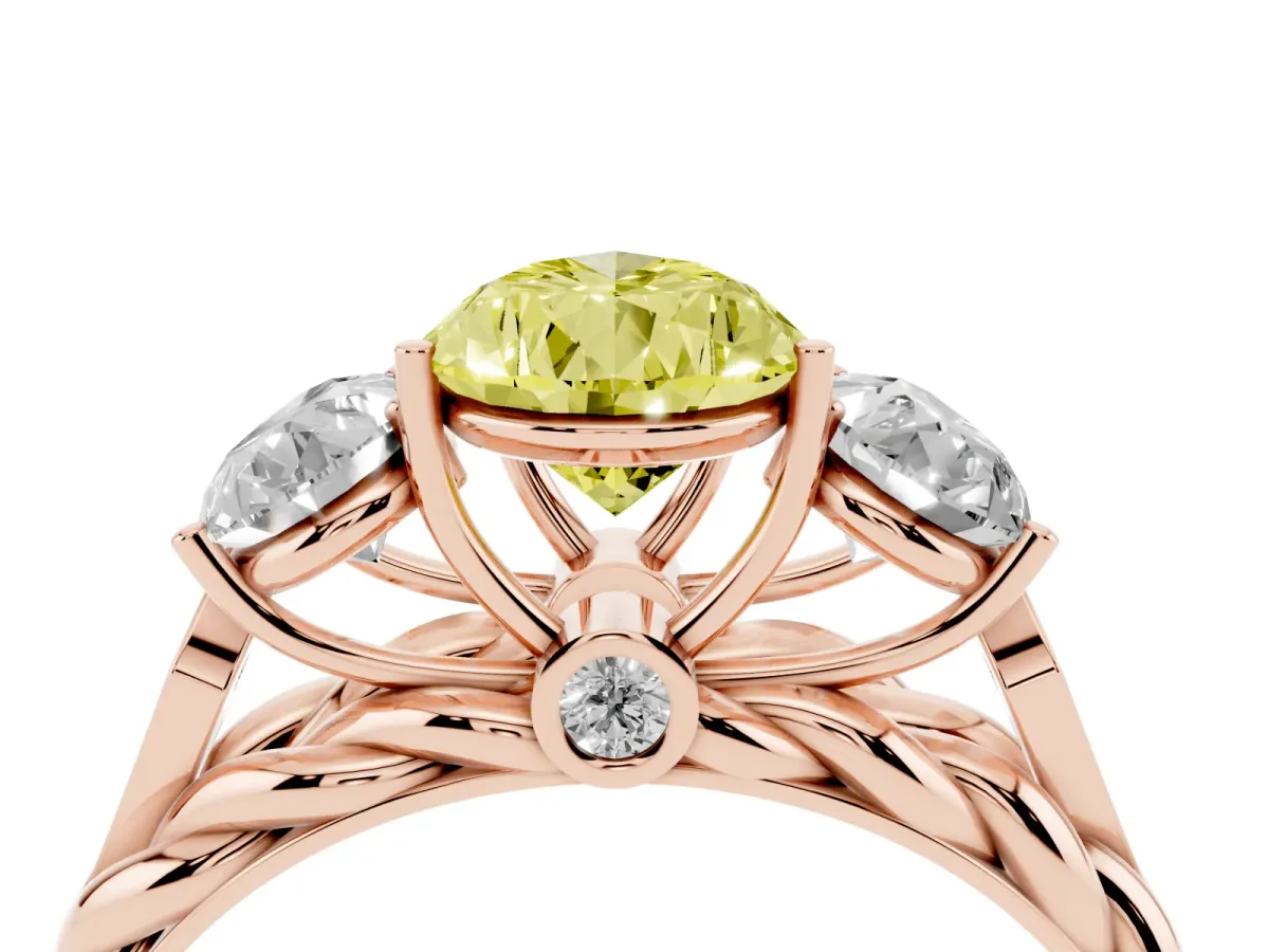 Fancy Yellow Three-Stone Pear Cut Diamond Braided Band Ring with Four-Prong Setting Rose gold