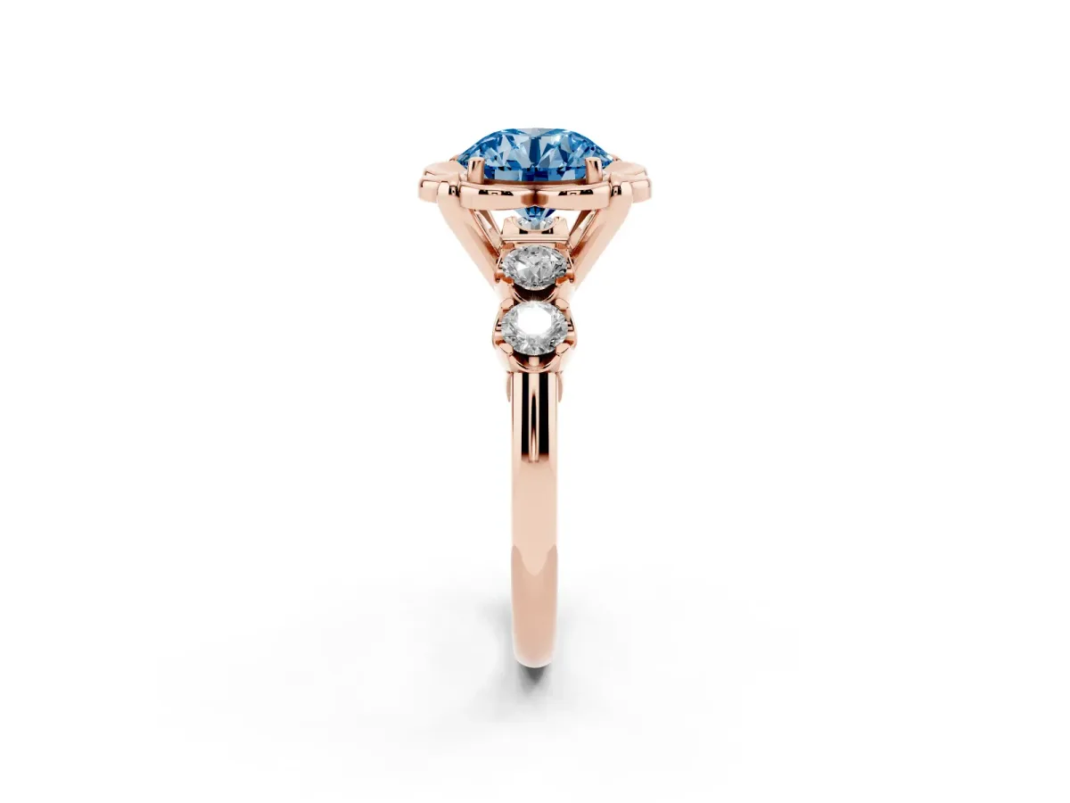 Fancy Blue Round Cut Cut Diamond Floral Halo Engagement Ring with Shared Prong Setting Rose gold