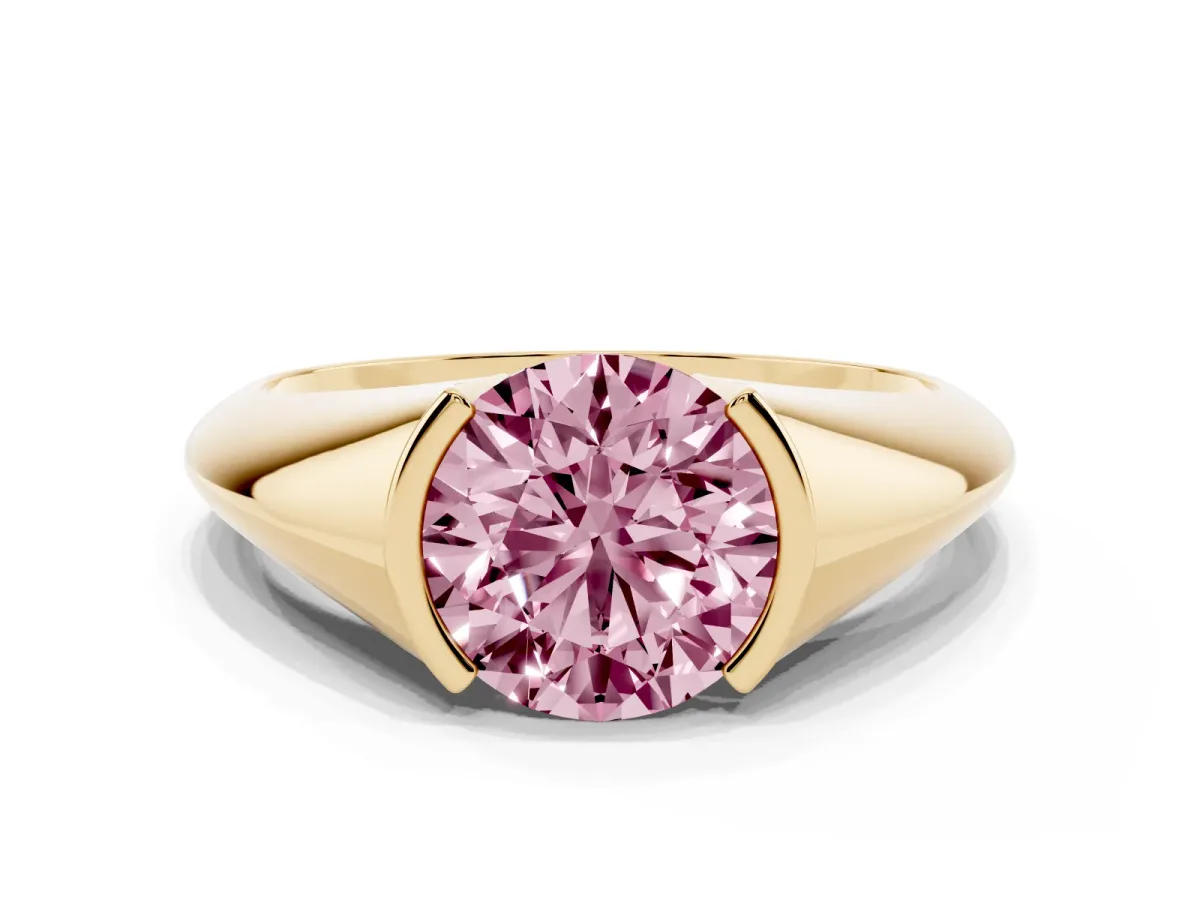 Fancy Pink Round Cut Solitaire Tension Set Diamond Ring Yellow gold