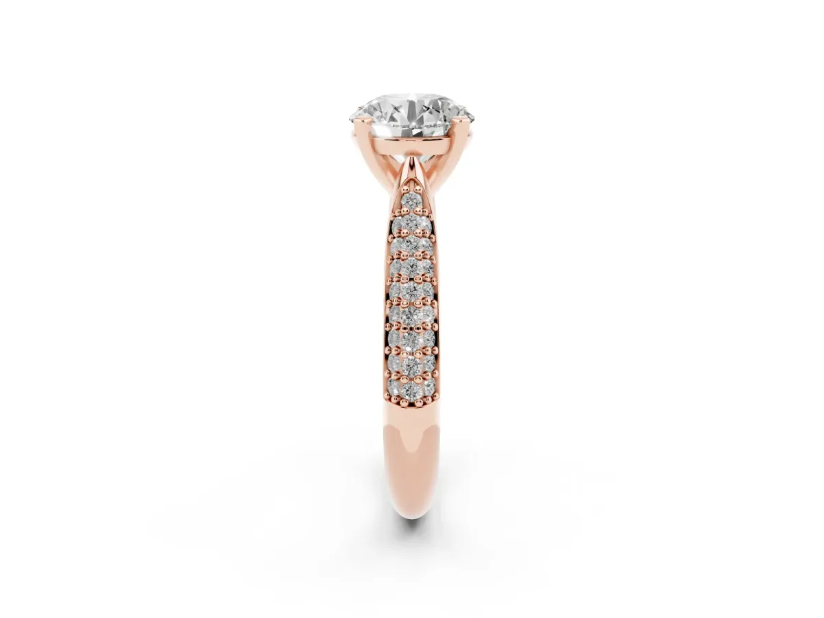 Round Cut Diamond Solitaire Engagement Ring with Multi-Row Round Pavé Band and Prong Setting Rose gold