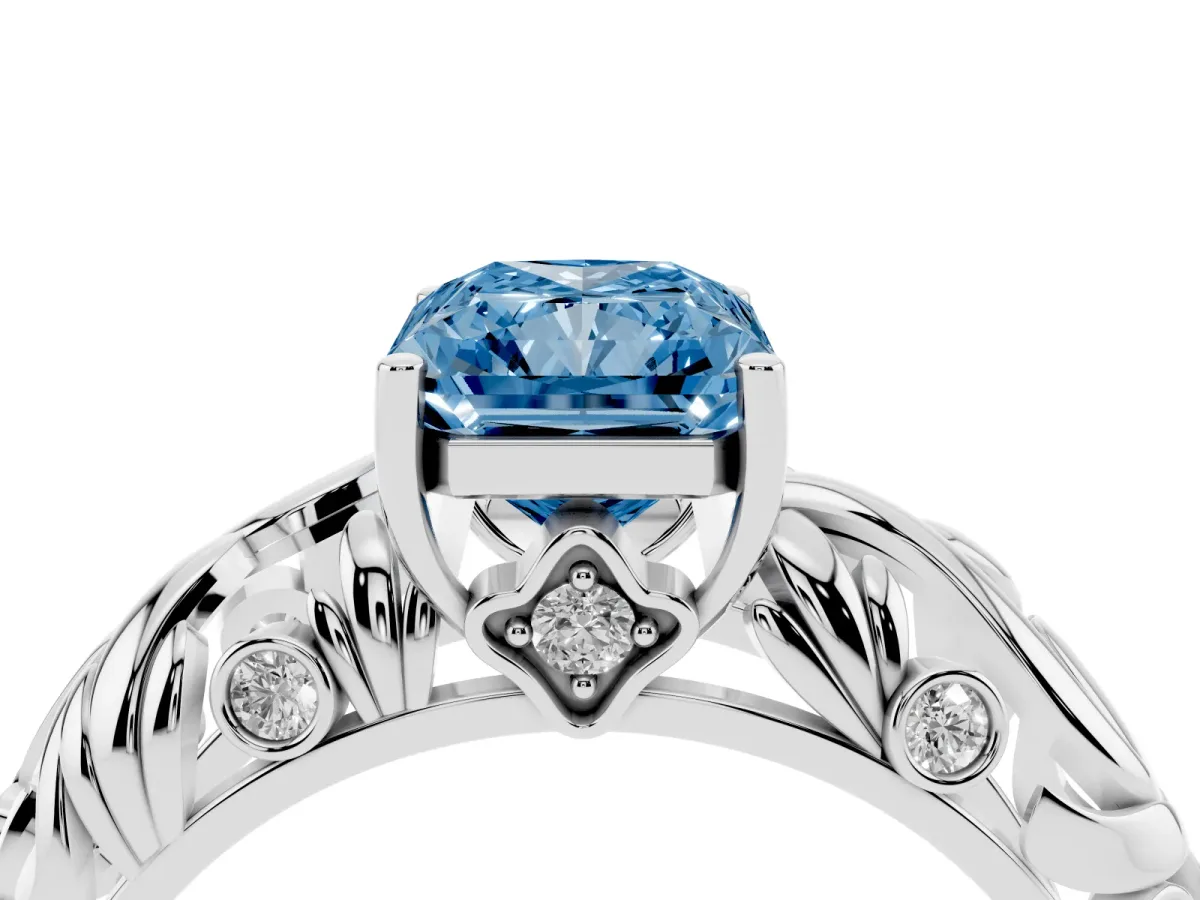 Fancy Blue Radiant Cut Solitaire Diamond Leaf-Inspired Vine Band Ring with Prong Setting Silver