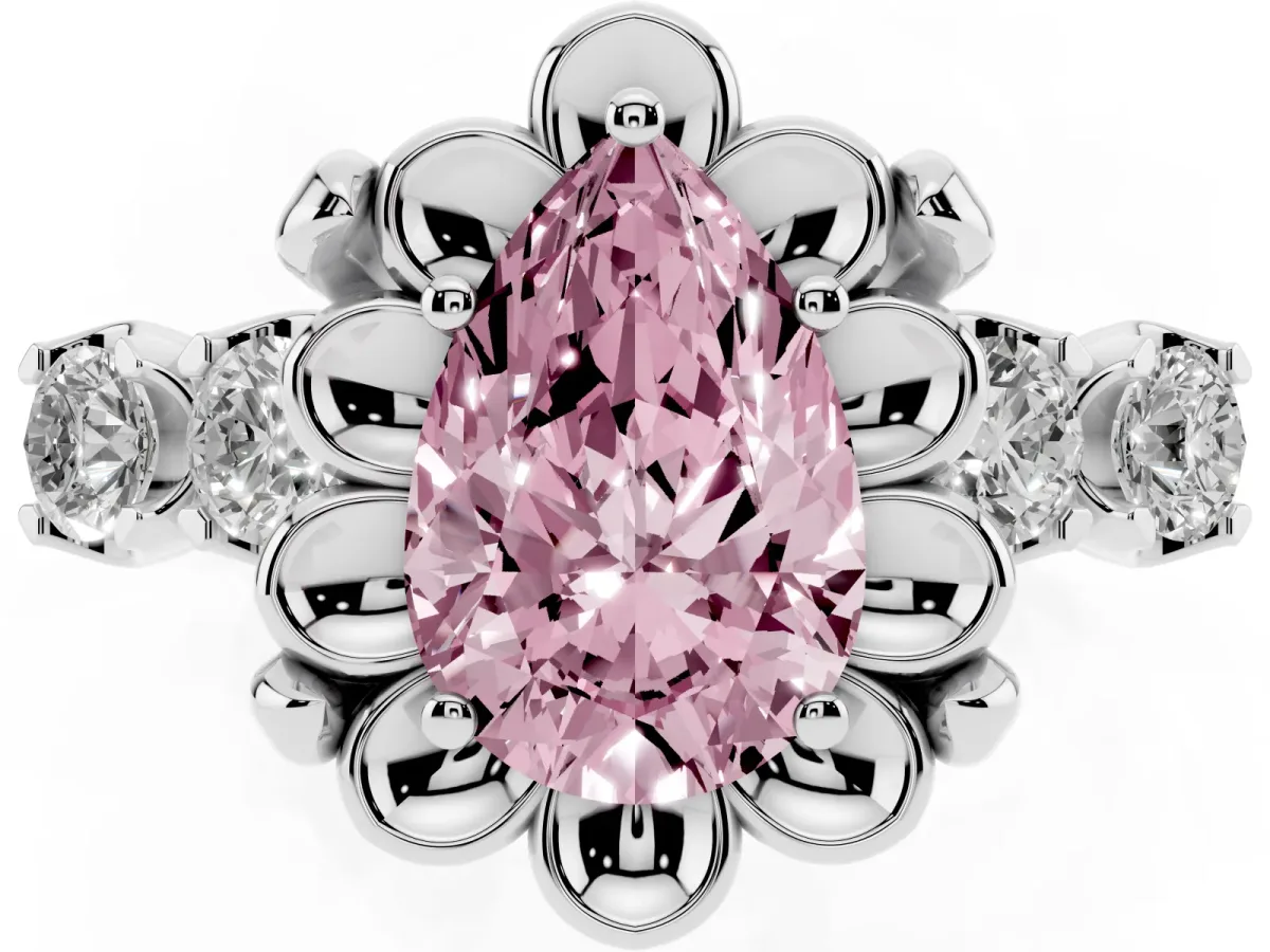 Fancy Pink Pear Cut Cut Diamond Floral Halo Engagement Ring with Shared Prong Setting Silver
