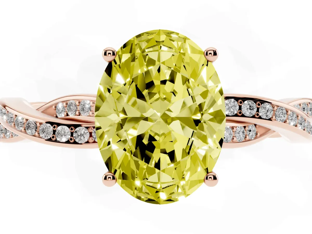 Fancy Yellow Oval Cut Solitaire Twisted Pave Diamond Ring with Four-Prong Setting Rose gold