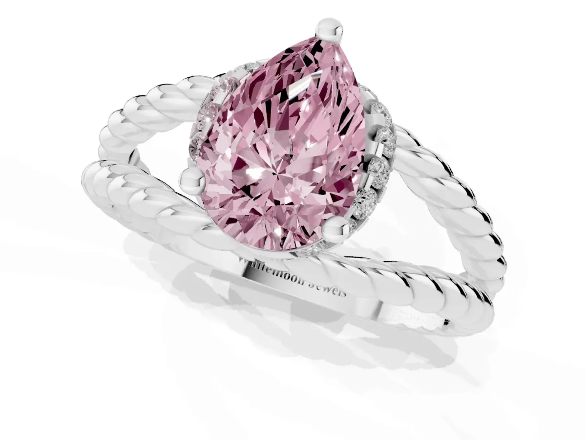 Fancy Pink Pear Cut Halo Twisted Band Four-Prong Ring Silver