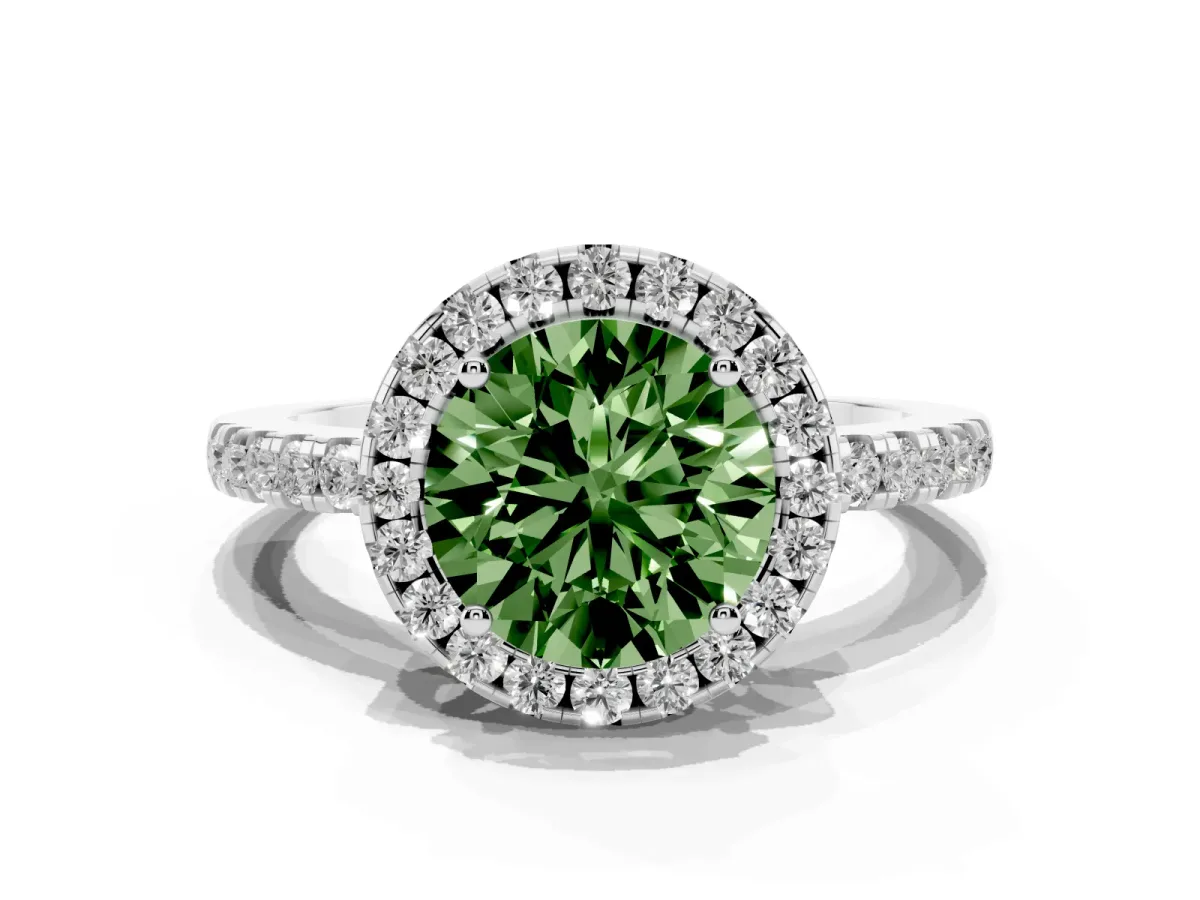 Fancy Green Round Cut Halo Diamond Engagement Ring with Pavé Band and Four-Prong Setting Platinum