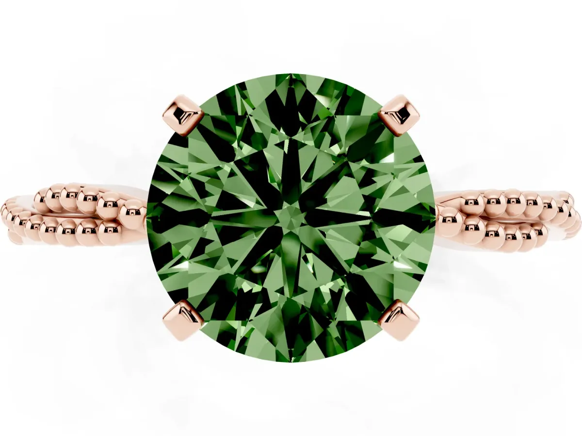 Fancy Green Round Cut Solitaire Twisted Band with Bead Prong Setting Rose gold