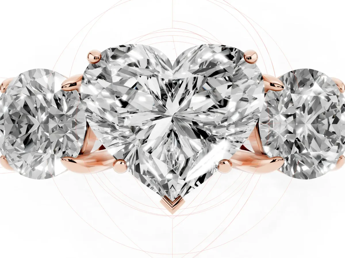 Three-Stone Heart Cut Cut Diamond Ring with Round Accent Stones, Prong Setting, and Classic Band Rose gold