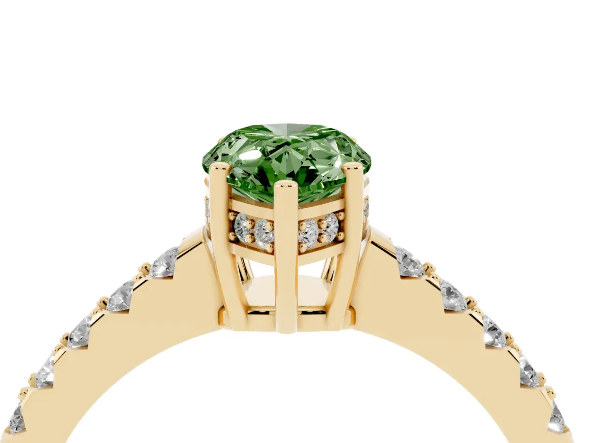 Fancy Green Pear Cut Solitaire Diamond Engagement Ring with Pavé Band and Six-Prong Setting Yellow gold