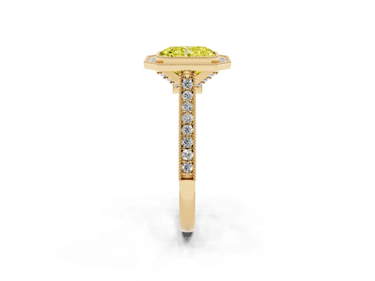 Fancy Yellow Halo Radiant Cut-Cut Diamond Pave Band Milgrain Prong Setting Ring Yellow gold