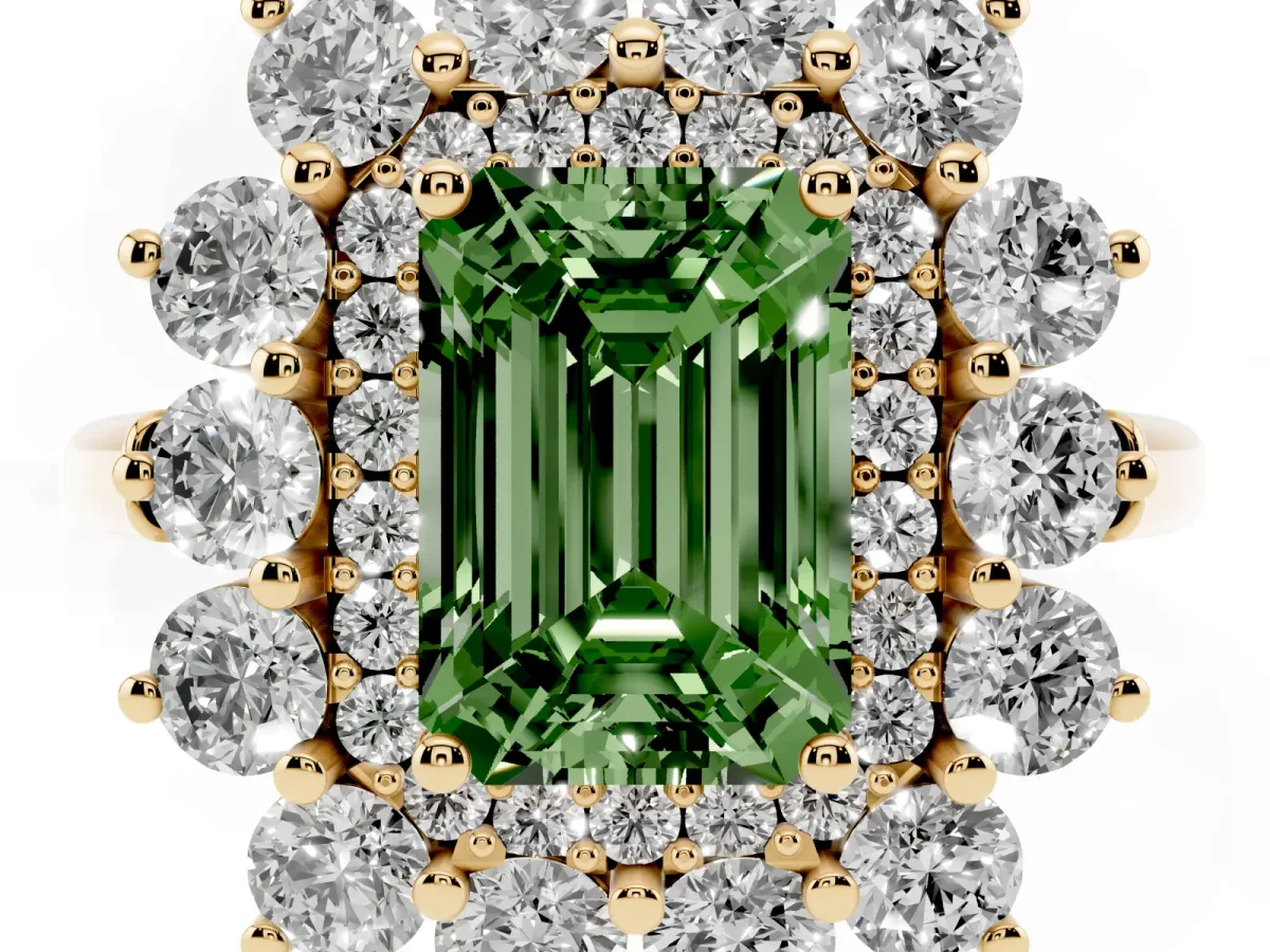 Fancy Green Emerald Cut Diamond Floral Double Halo Engagement Ring with Prong Setting Yellow gold