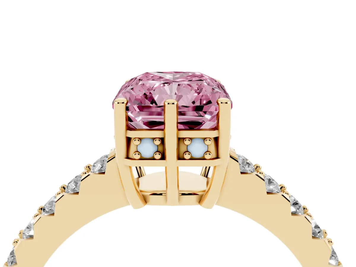 Fancy Pink Radiant Cut Solitaire Diamond Engagement Ring with Pavé Band and Six-Prong Setting Yellow gold