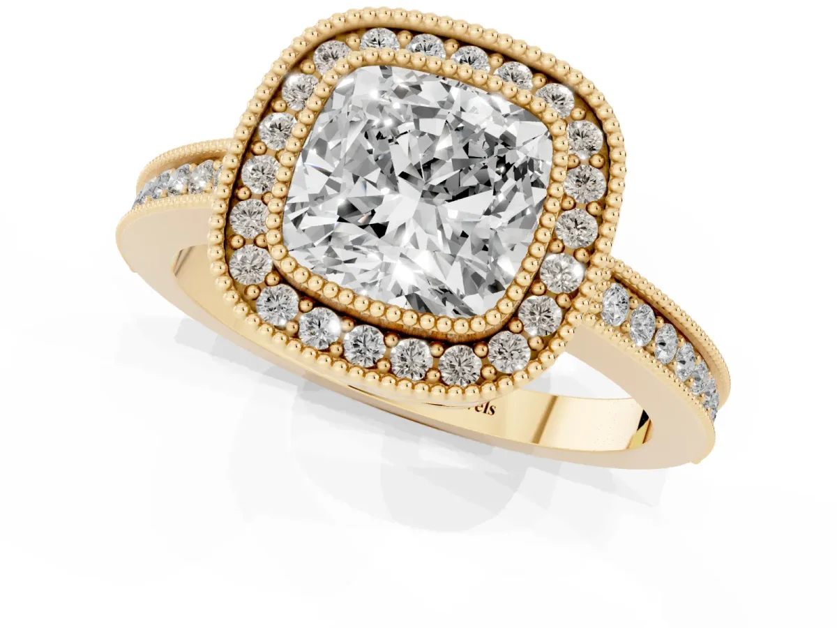 Cushion Cut Cut Halo Diamond Ring with Pavé Band and Milgrain Prong Setting Yellow gold