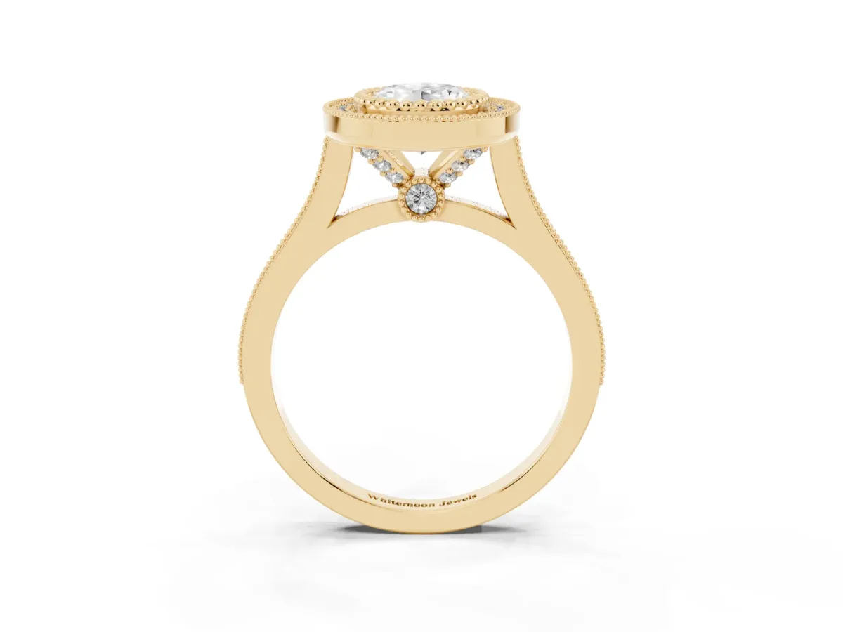 Oval Cut Diamond Halo Ring with Milgrain Frame and Pavé Band Yellow gold