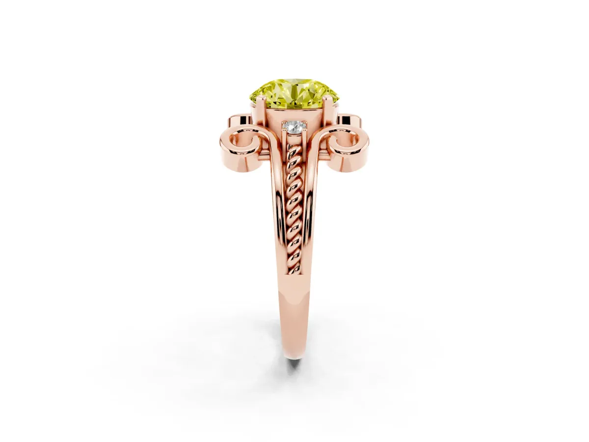 Fancy Yellow Round Cut Solitaire Twisted Band Scroll Prong Ring Rose gold