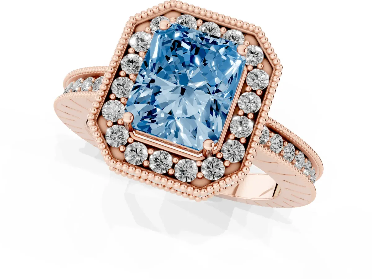 Fancy Blue Radiant Cut Diamond Milgrain Halo Engagement Ring with Round Pavé Band and Prong Setting Rose gold