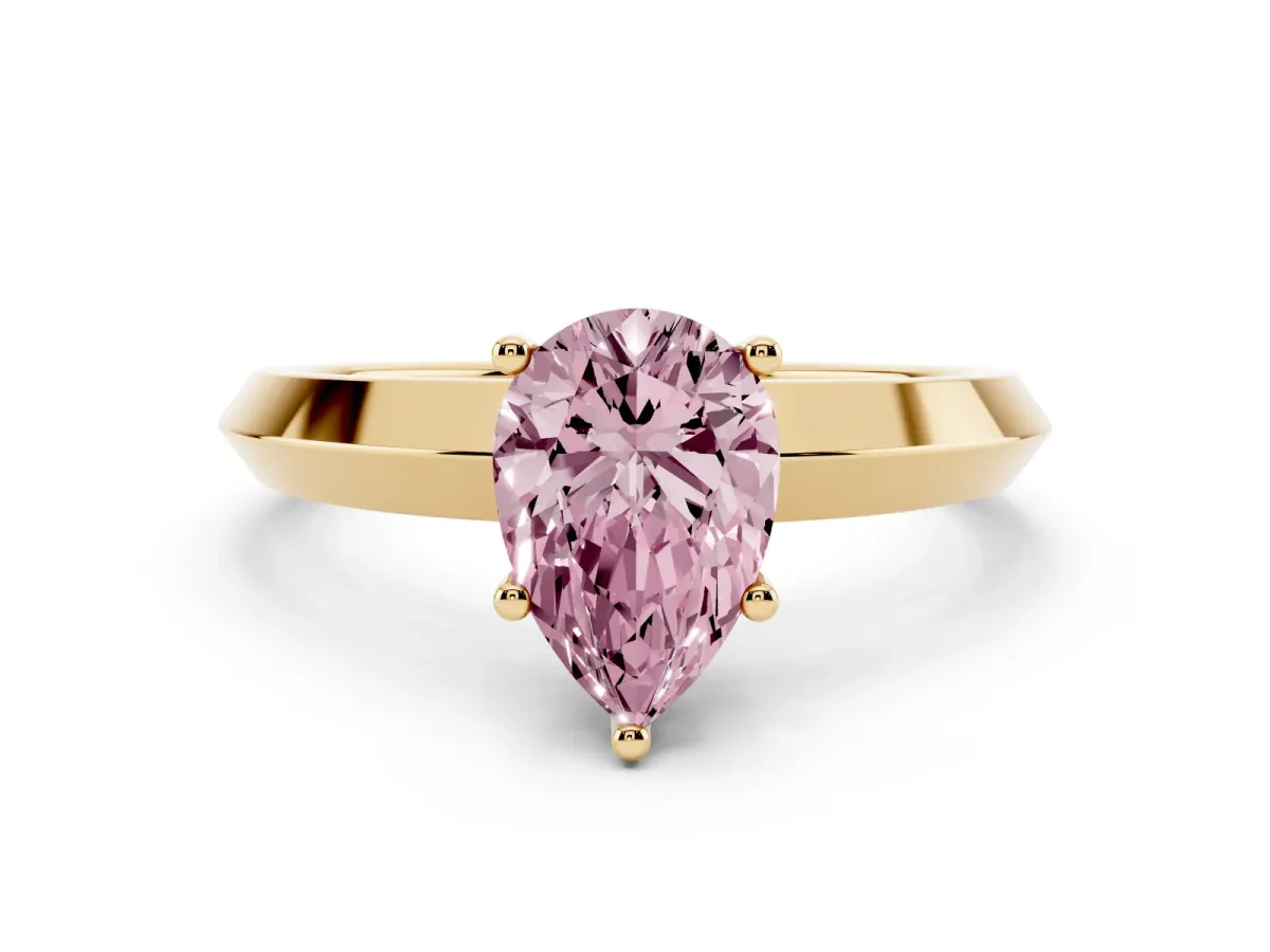 Fancy Pink Pear Cut Cut Solitaire Engagement Ring with Flat Band and Four-Prong Setting Yellow gold