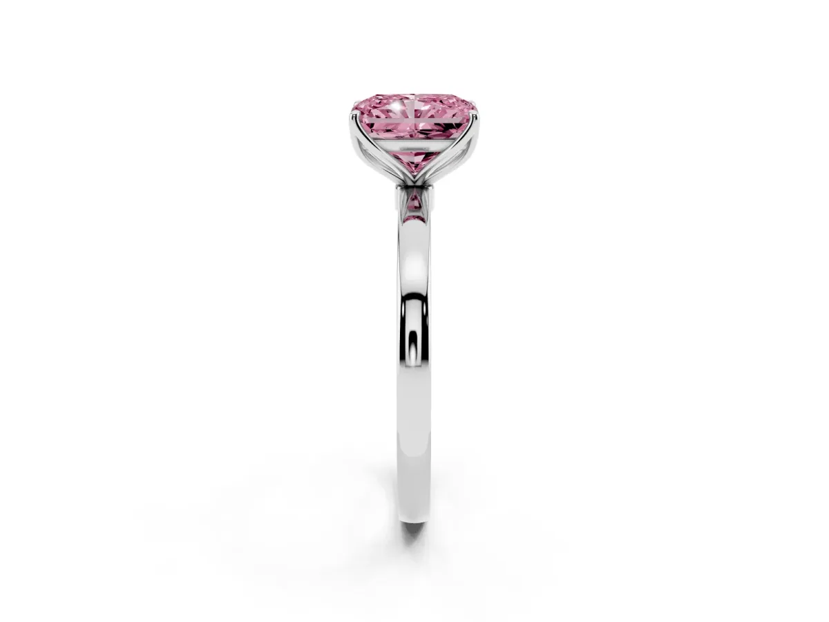 Fancy Pink Radiant Cut Diamond Solitaire Ring with Thin Band and Prong Setting White gold