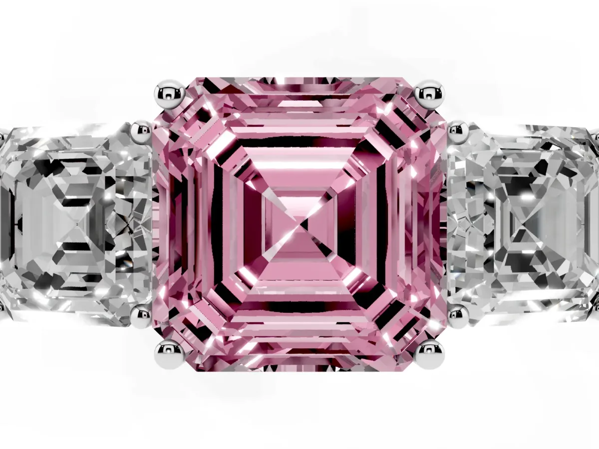 Fancy Pink Three-Stone Asscher Cut Cut Diamond Engagement Ring with Flat Band and Four-Prong Setting Silver