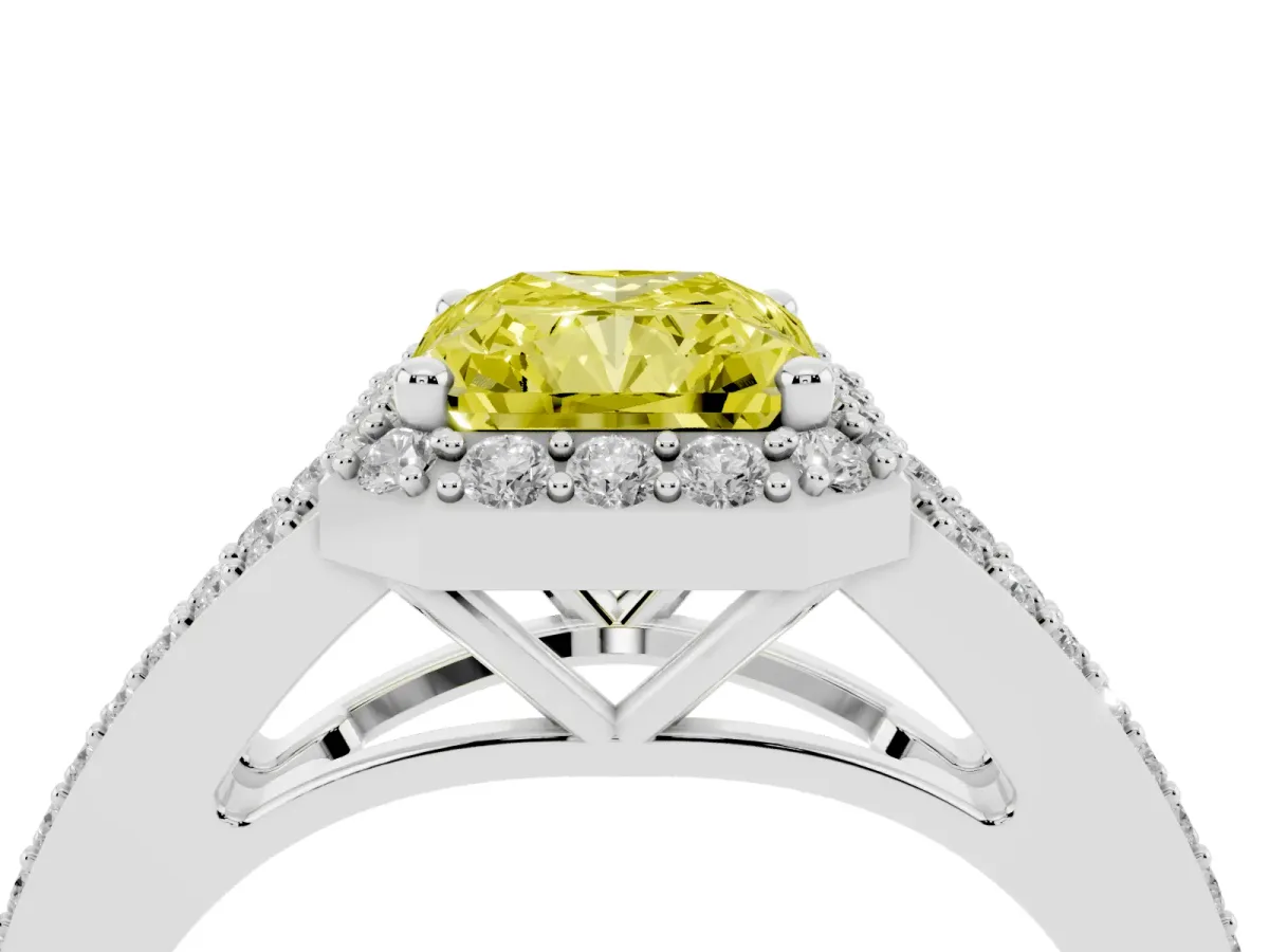 Fancy Yellow Radiant Cut Halo Split Shank Diamond Ring with Prong Setting Silver