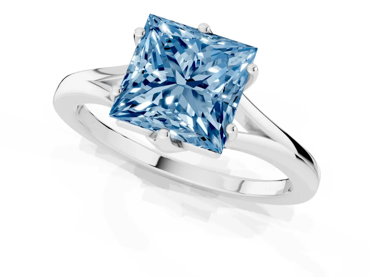 Fancy Blue Princess Cut Solitaire Diamond Ring with Six-Prong Setting and Tapered Band Platinum