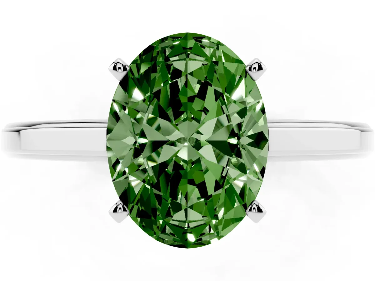 Fancy Green Oval Cut Solitaire Diamond Ring with Four-Prong Setting and Classic Band Silver