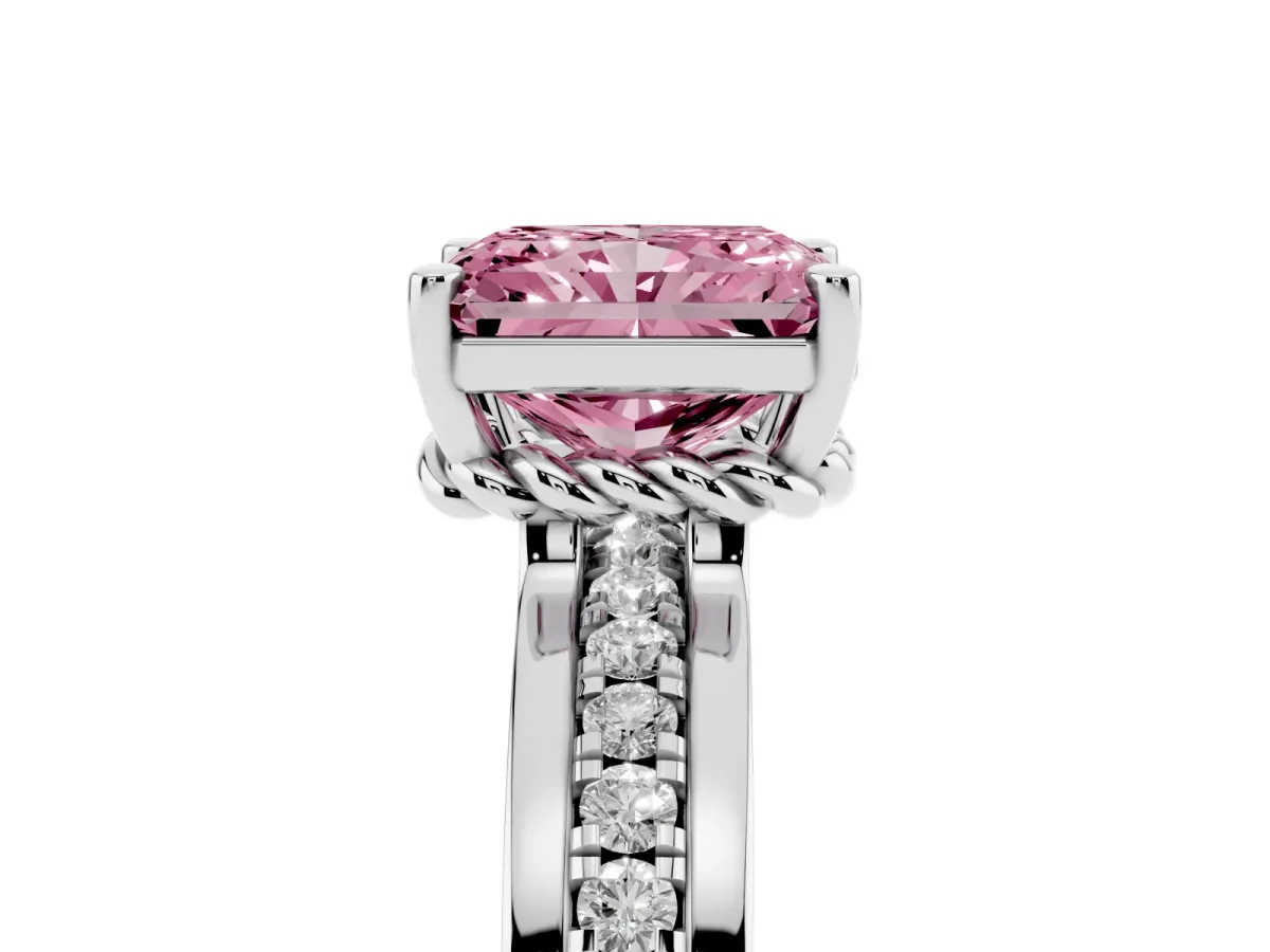 Fancy Pink Radiant Cut Solitaire Diamond Ring with Channel Set Band and Six-Prong Setting Silver