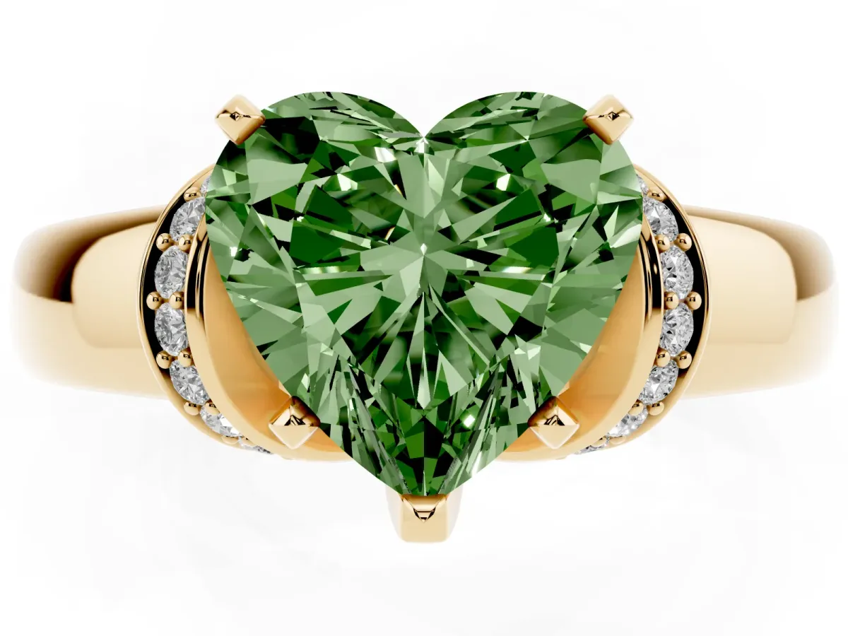 Fancy Green Heart Cut Solitaire Diamond Ring with Pave Band and Six-Prong Setting Yellow gold