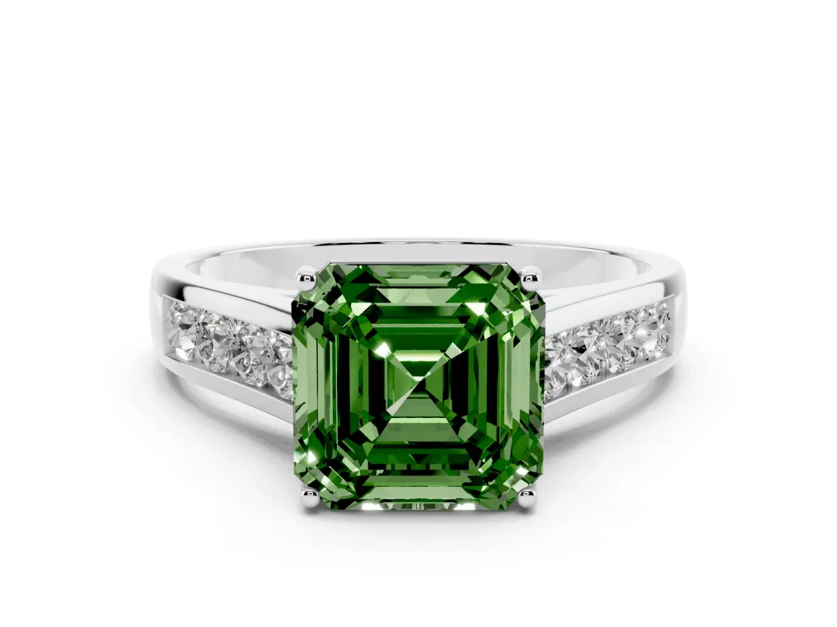 Fancy Green Asscher Cut Solitaire Channel-Set Diamond Engagement Ring with Four-Prong Setting Silver