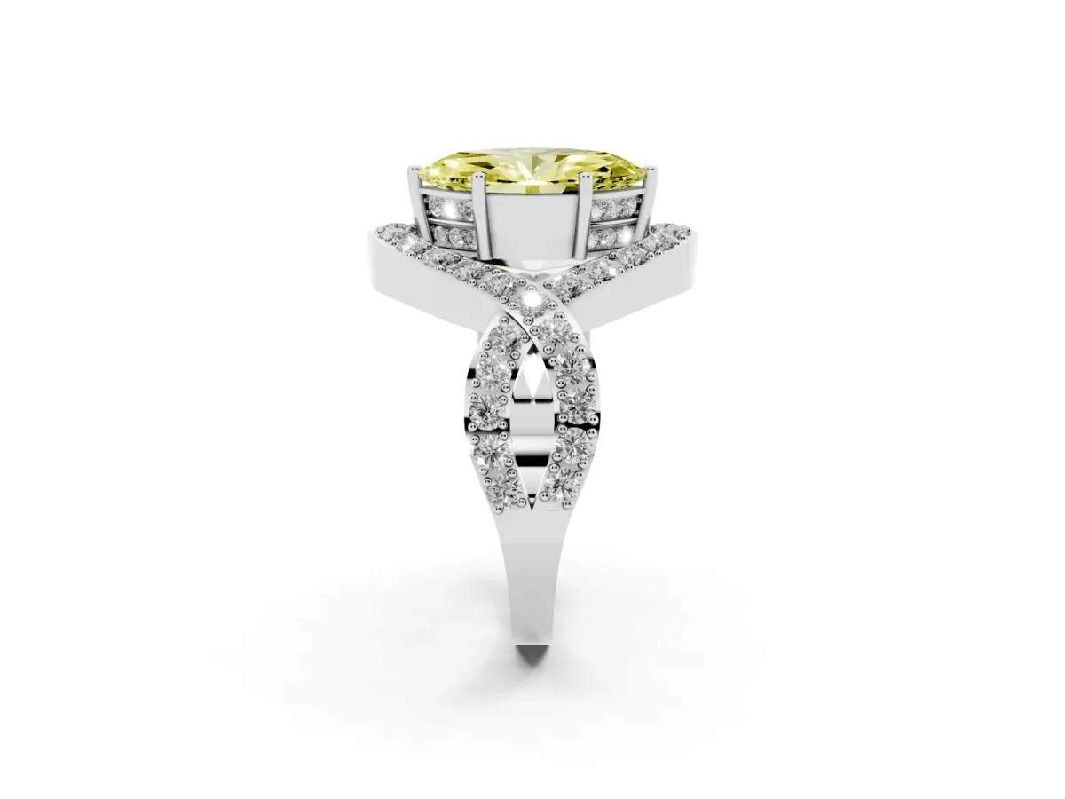 Fancy Yellow Marquise Cut Solitaire Twist Band Pavé Diamond Engagement Ring Silver